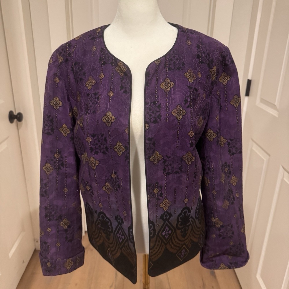 Vintage Coldwater Creek Women's Size 10 Med Purple Floral‎ Cotton Open Jacket